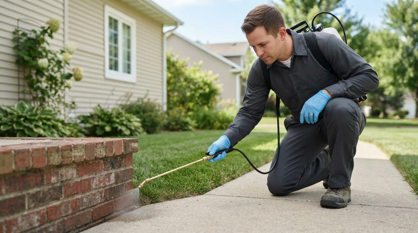Pest control technician treating a home near Holcomb, KS